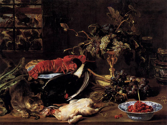 Still Life with Crab, Poultry and Fruit, vintage artwork by Frans Snyders, 12x8" (A4) Poster