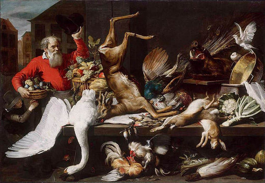 Still Life with Dead Game, Fruit and Vegetables in a Market, vintage artwork by Frans Snyders, 12x8" (A4) Poster