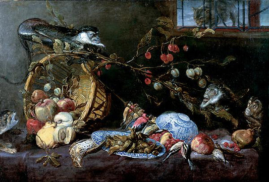 Still Life with Fighting Monkeys, vintage artwork by Frans Snyders, 12x8" (A4) Poster