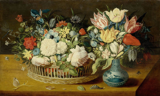 Still life with flowers in a wicker basket and bunch of flowers in a porcelain vase, vintage artwork by Osias Beert, 12x8" (A4) Poster