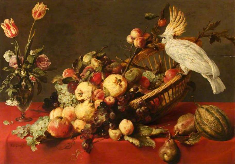 Still Life with Fruit and a Cockatoo, vintage artwork by Frans Snyders, 12x8" (A4) Poster