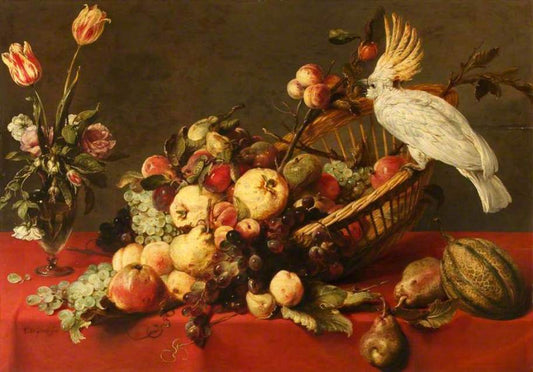 Still Life with Fruit and a Cockatoo, vintage artwork by Frans Snyders, 12x8" (A4) Poster