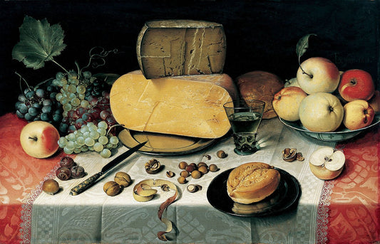 Still Life with Fruit, Nuts and Cheese, vintage artwork by Floris van Dijck, 12x8" (A4) Poster