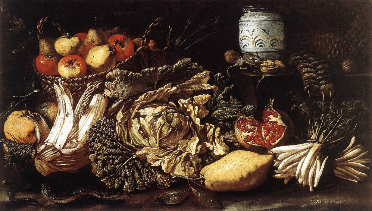 Still-life with Fruit, Vegetables and Animals, vintage artwork by Tomaso Salini, 12x8" (A4) Poster