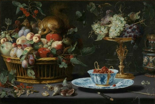 Still Life with Fruit, Wan-Li Porcelain, and Squirrel, vintage artwork by Frans Snyders, 12x8" (A4) Poster