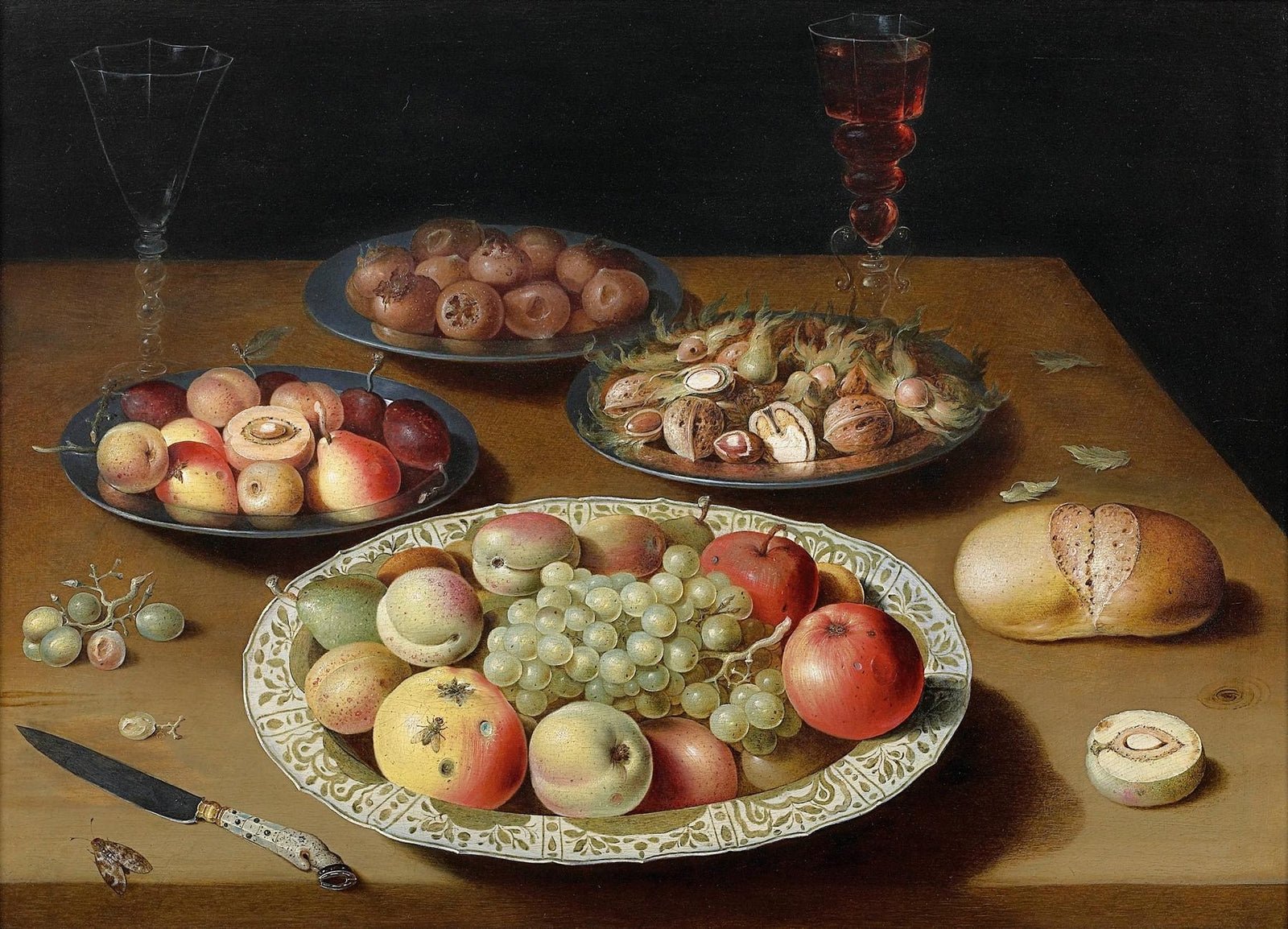 Still life with fruits, nuts, bread, two wine glasses and a knife, vintage artwork by Osias Beert, 12x8" (A4) Poster