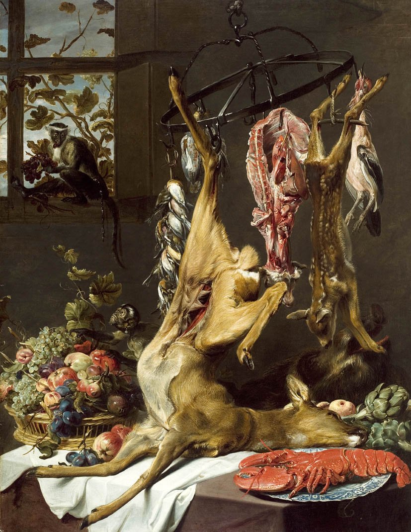 Still Life with Game Suspended on Hooks, a Lobster on a Porcelain Plate and a Basket of Grapes, Apples, Plums and Other Fruit on a Partly Draped Table with Two Monkeys, vintage artwork by Frans Snyders, 12x8" (A4) Poster