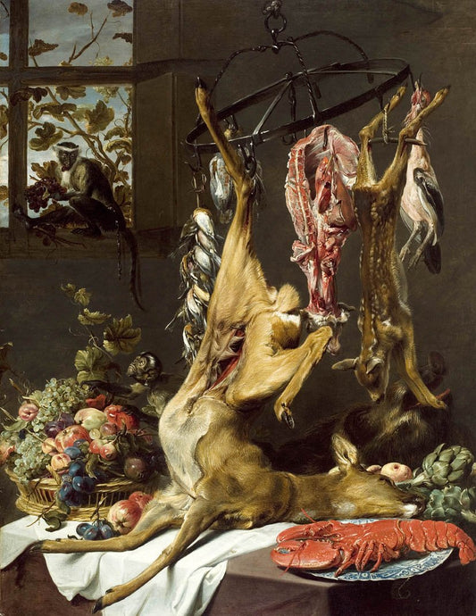 Still Life with Game Suspended on Hooks, a Lobster on a Porcelain Plate and a Basket of Grapes, Apples, Plums and Other Fruit on a Partly Draped Table with Two Monkeys, vintage artwork by Frans Snyders, 12x8" (A4) Poster