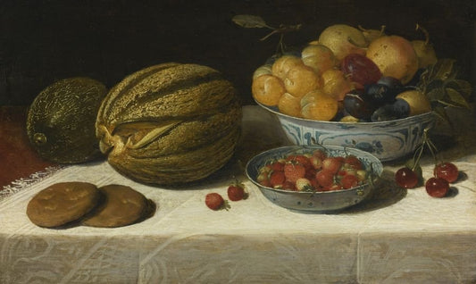 Still-life with melons, plums, cherries, and bread on a table draped with a white damask tablecloth, vintage artwork by Floris van Dijck, 12x8" (A4) Poster
