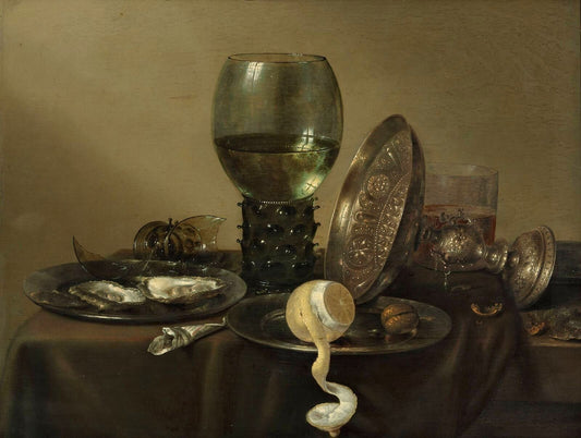 Still Life with Oysters, a Rummer, a Lemon and a Silver Bowl, vintage artwork by Willem Claesz. Heda, 12x8" (A4) Poster
