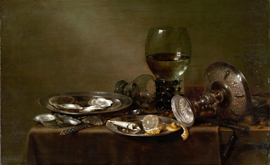 Still Life with Oysters, a Silver Tazza, and Glassware, vintage artwork by Willem Claesz. Heda, 12x8" (A4) Poster
