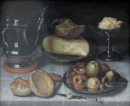 Still Life with Pewter Jug, Fruit and Cheese, vintage artwork by Floris van Dijck, 12x8" (A4) Poster