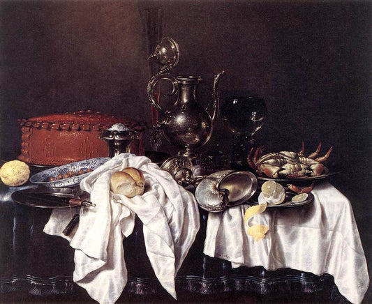Still-Life with Pie, Silver Ewer and Crab, vintage artwork by Willem Claesz. Heda, 12x8" (A4) Poster