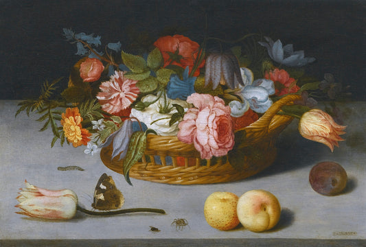 Still-life with Roses, Tulips, Irises and Other Flowers in a Wicker Basket, vintage artwork by Balthasar van der Ast, 12x8" (A4) Poster