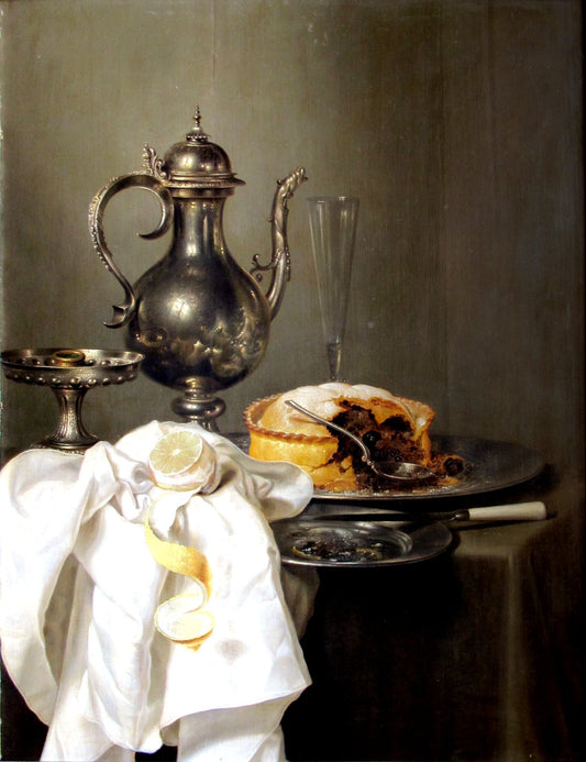 Still life with silver ewer and pie, vintage artwork by Willem Claesz. Heda, 12x8" (A4) Poster