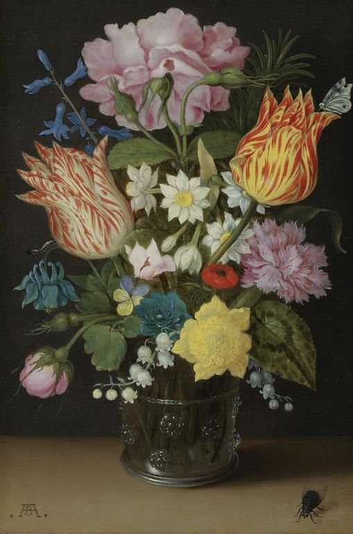 Still Life With Tulips Roses Narcissi And Other Flowers In A Glass Beaker, vintage artwork by Ambrosius Bosschaert (I), 12x8" (A4) Poster