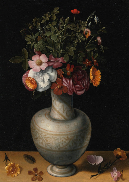 Still Life with Wild Roses, Peonies and Other Flowers in a White Earthenware Vase, vintage artwork by Ludger Tom Ring The Younger, A3 (16x12") Poster Print