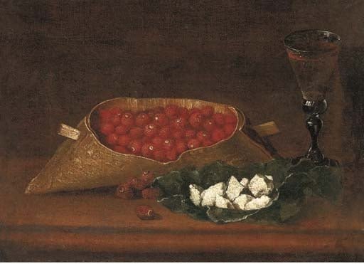 Strawberries and a Glass of Wine on a Wood Ledge, vintage artwork by Fede Galizia, 12x8" (A4) Poster