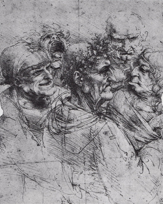 Study Of Five Grotesque Heads, vintage artwork by Leonardo da Vinci, A3 (16x12") Poster Print