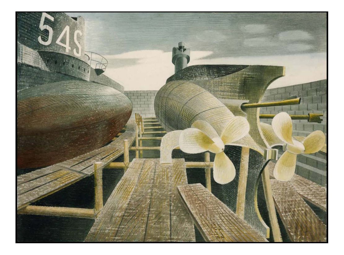 Submarines in Dry Dock - by WW2 War Artist Captain Eric Ravilious 