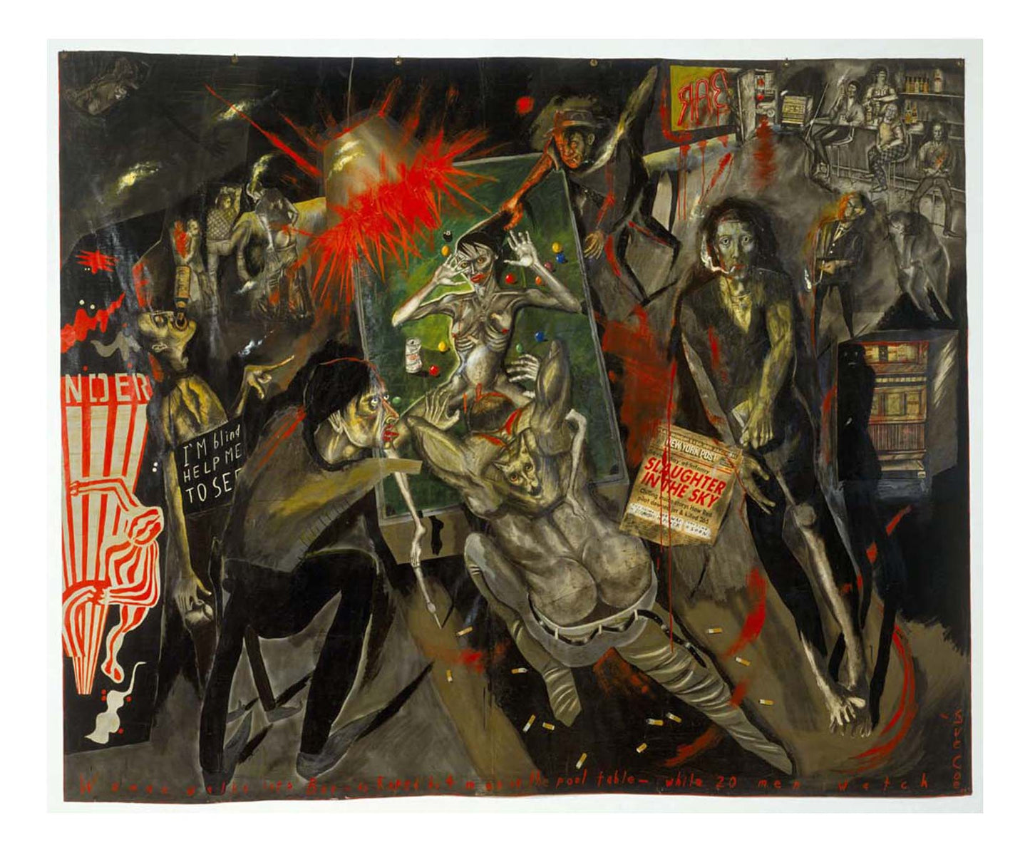 Sue Coe - Woman Walks into Bar - Is Raped by Four Men on the Pool Table - While 20 Watch, 16x12" (A3) Poster Print