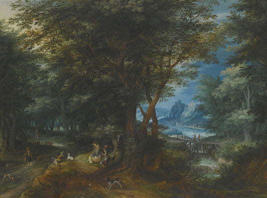 Summer Landscape with a Lady and Gentleman Seated and Sportsmen Returning with Game, vintage artwork by Denijs van Alsloot, 12x8" (A4) Poster