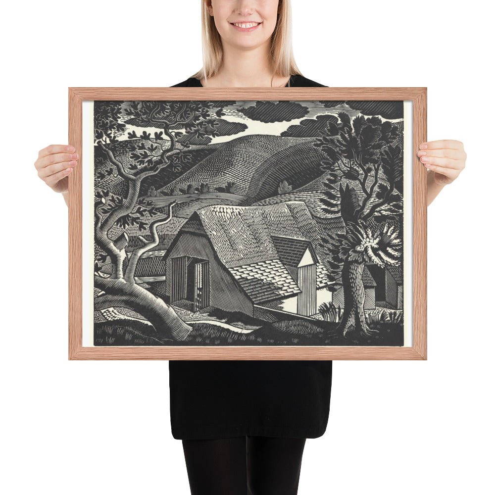 Sussex Landscape by Eric Ravilious, vintage woodcut, Framed poster reproduction