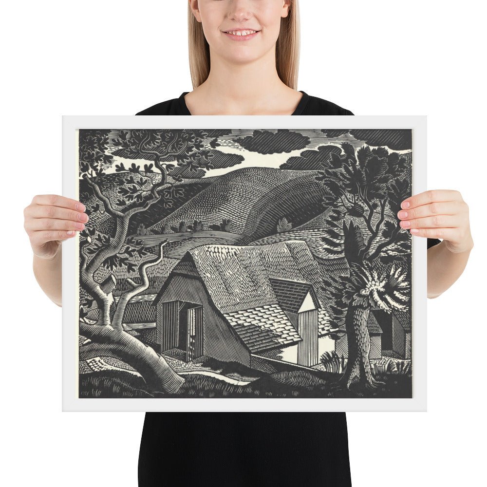 Sussex Landscape by Eric Ravilious, vintage woodcut, Framed poster reproduction