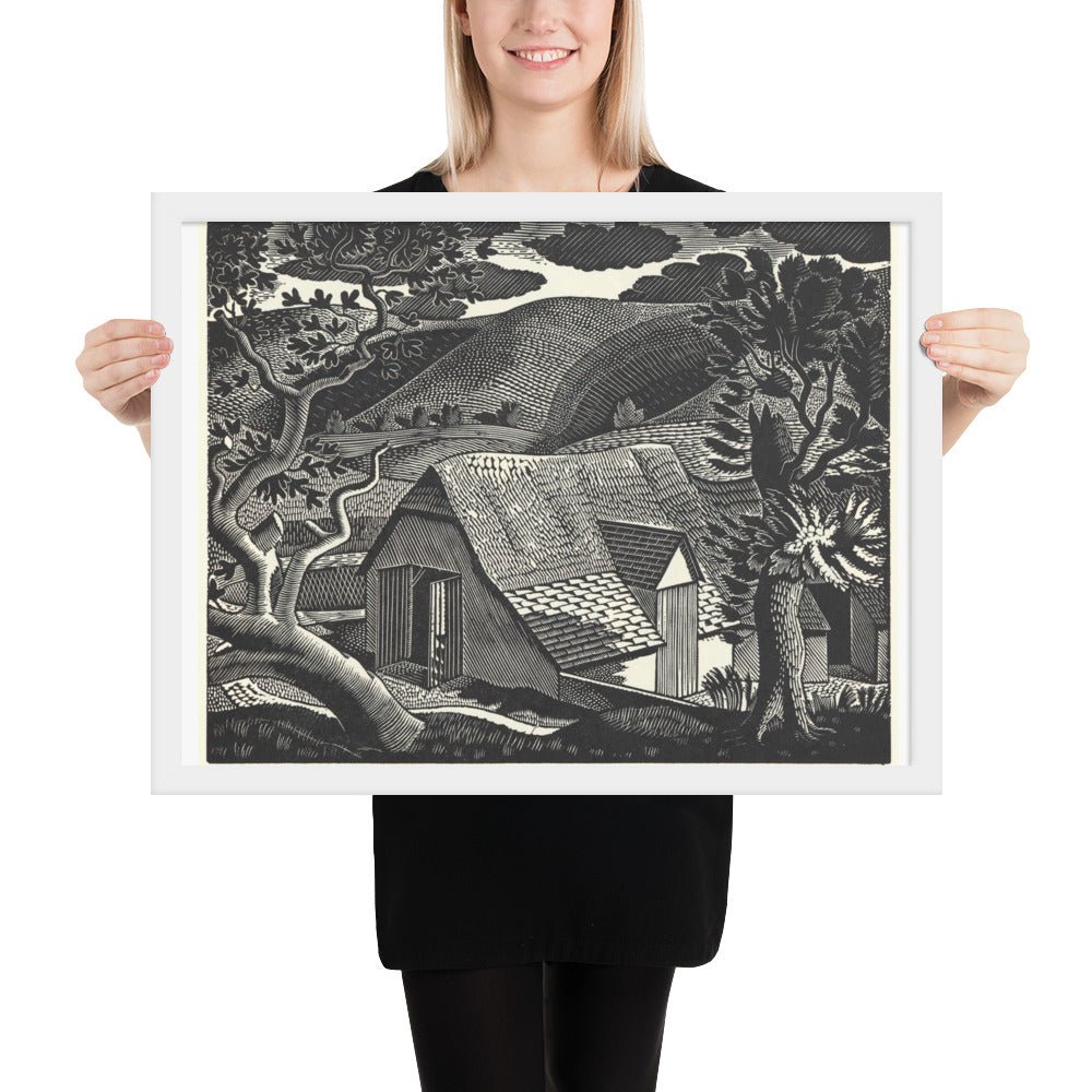 Sussex Landscape by Eric Ravilious, vintage woodcut, Framed poster reproduction