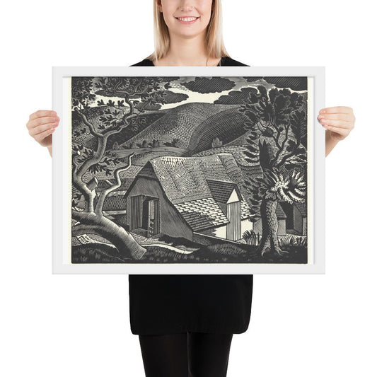 Sussex Landscape by Eric Ravilious, vintage woodcut, Framed poster reproduction