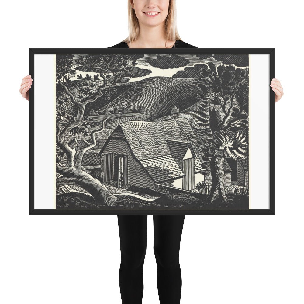 Sussex Landscape by Eric Ravilious, vintage woodcut, Framed poster reproduction