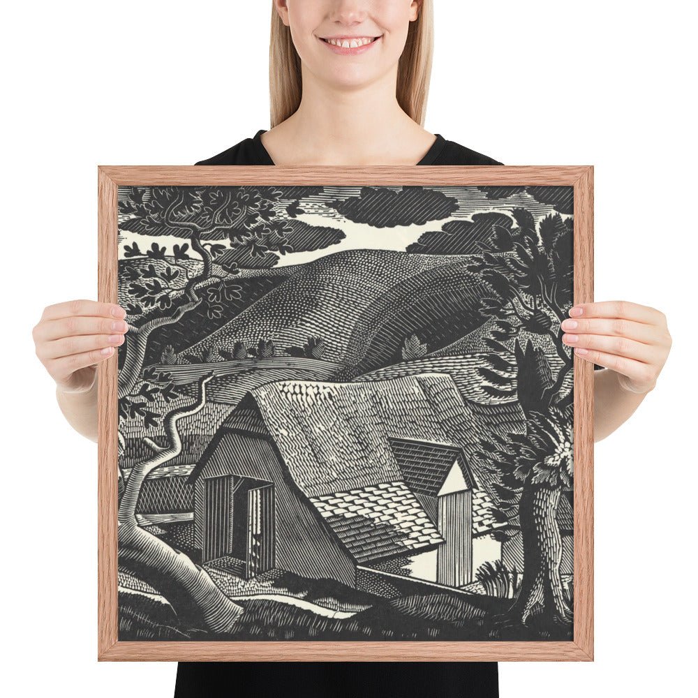 Sussex Landscape by Eric Ravilious, vintage woodcut, Framed poster reproduction