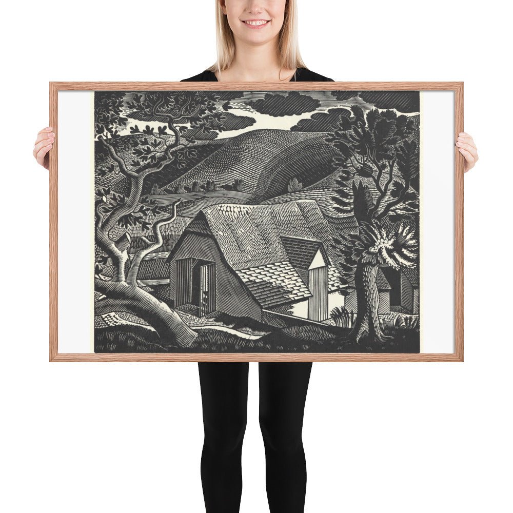 Sussex Landscape by Eric Ravilious, vintage woodcut, Framed poster reproduction