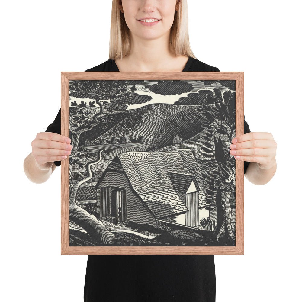 Sussex Landscape by Eric Ravilious, vintage woodcut, Framed poster reproduction
