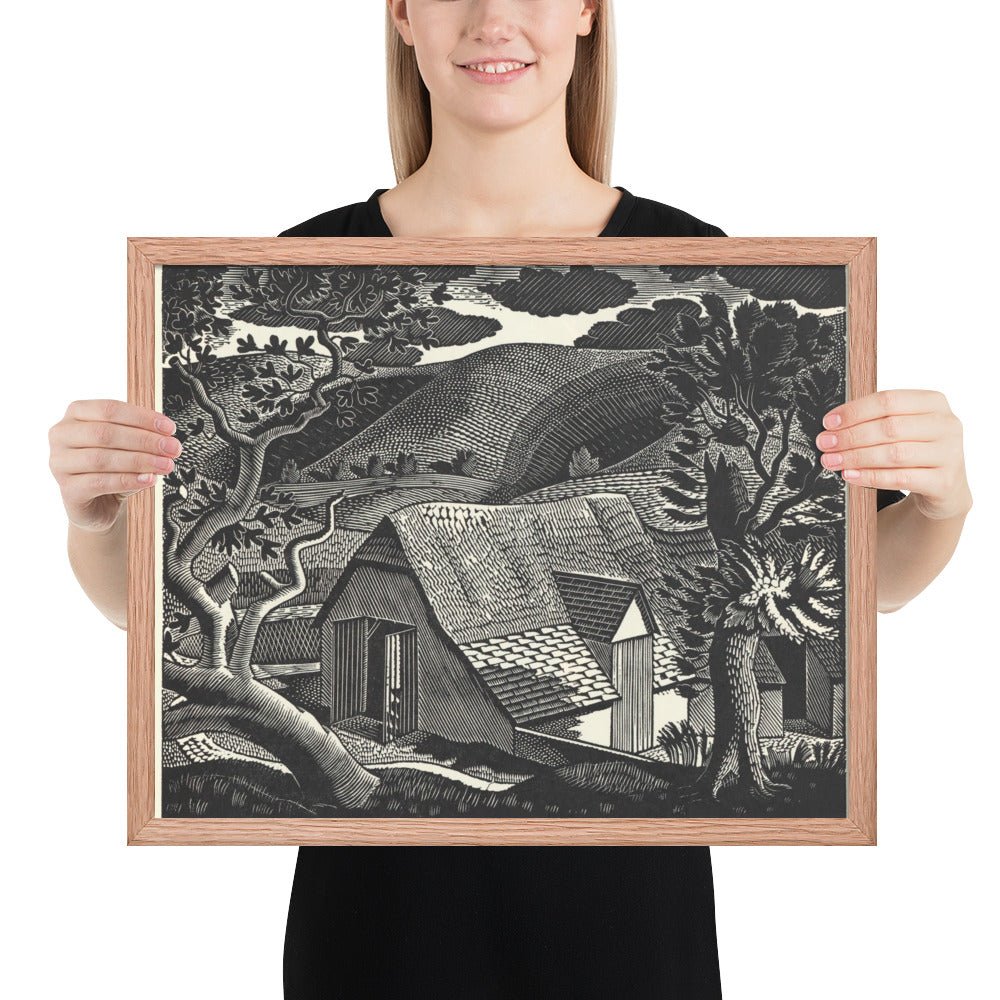 Sussex Landscape by Eric Ravilious, vintage woodcut, Framed poster reproduction