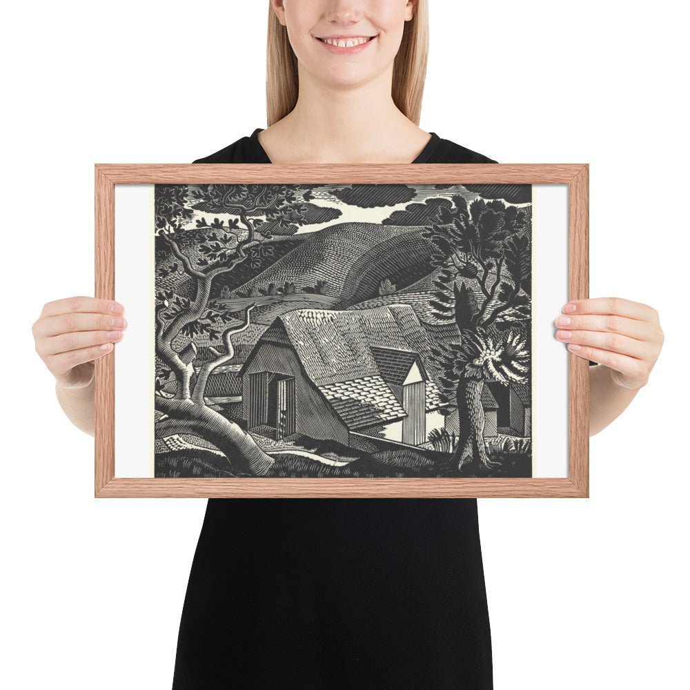 Sussex Landscape by Eric Ravilious, vintage woodcut, Framed poster reproduction