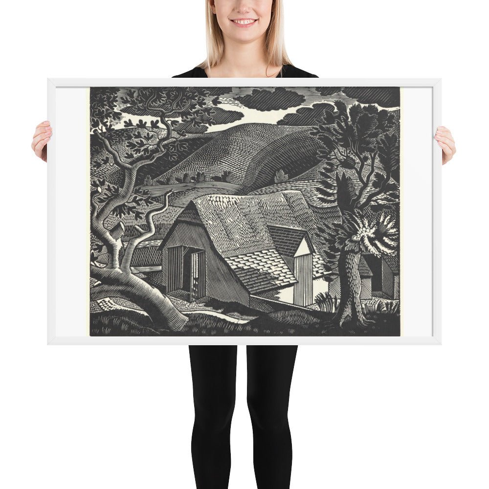 Sussex Landscape by Eric Ravilious, vintage woodcut, Framed poster reproduction