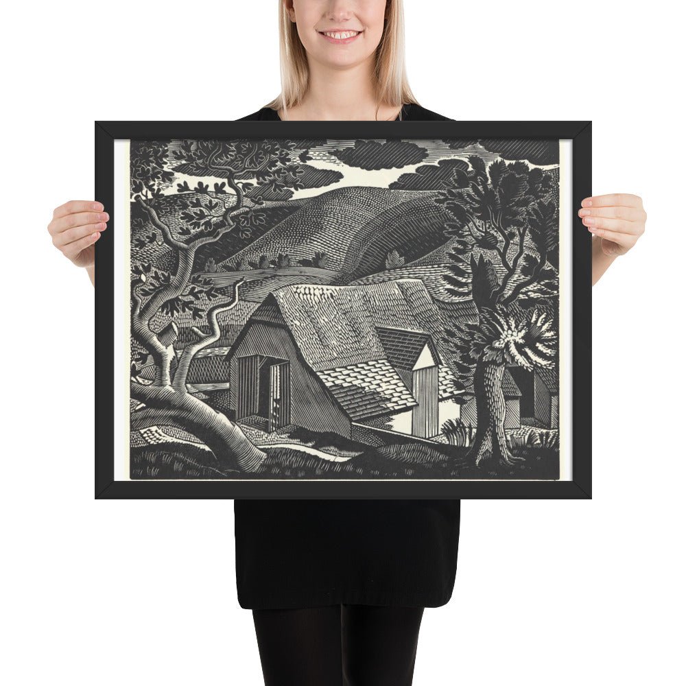 Sussex Landscape by Eric Ravilious, vintage woodcut, Framed poster reproduction