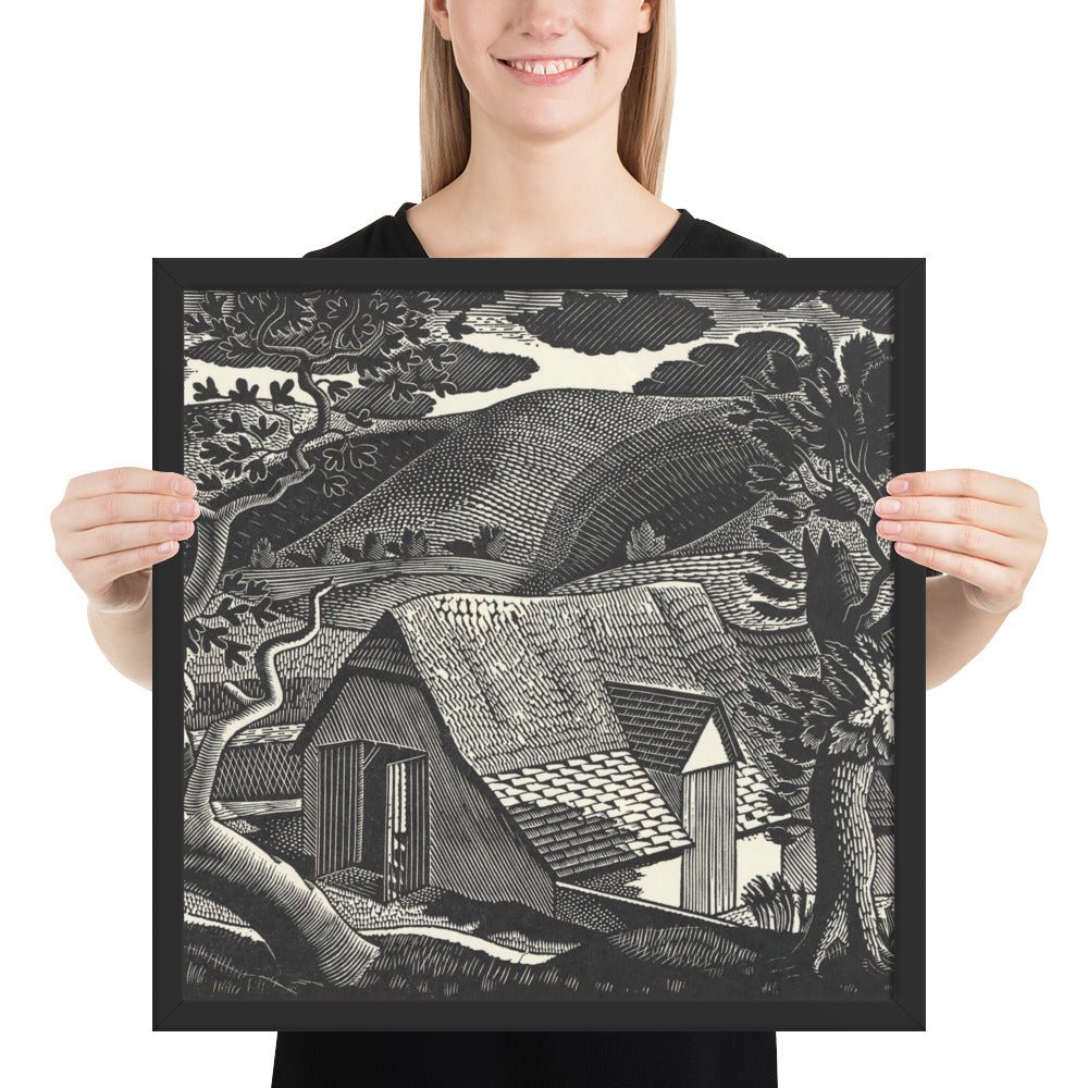 Sussex Landscape by Eric Ravilious, vintage woodcut, Framed poster reproduction