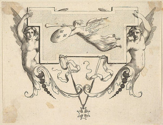 Tail-piece: Two Winged Women Hold a Cartel Decorated by Fame-C, vintage art, A3 (16x12") Poster Print