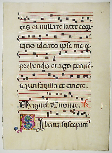 :Manuscript Leaf with Initial S from a Choir Book 15th centu-16x12