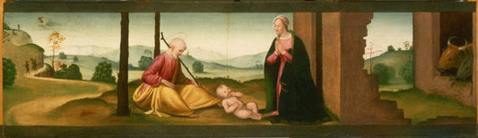 The Adoration of the Christ Child (predella panel from altarpiece), vintage artwork by Workshop of Mariotto Albertinelli, A3 (16x12") Poster Print