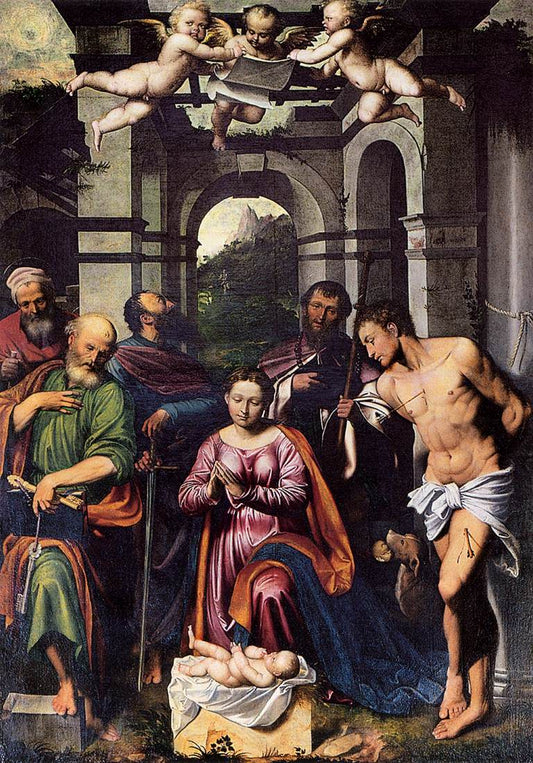 The Adoration of the Christ Child with Saints, vintage artwork by Callisto Piazza da Lodi, A3 (16x12") Poster Print