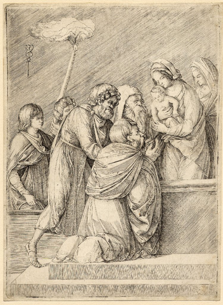 The adoration of the Magi, one of whom is kneeling, to the right the Virgin is stand and holding the, vintage artwork by Jacopo de' Barbari, A3 (16x12") Poster Print