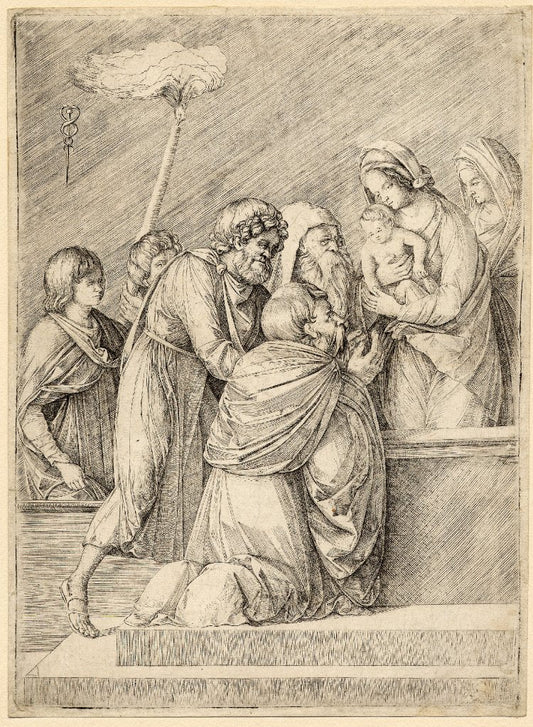 The adoration of the Magi, one of whom is kneeling, to the right the Virgin is stand and holding the, vintage artwork by Jacopo de' Barbari, A3 (16x12") Poster Print