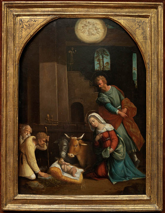The Adoration of the Shepherd, with the Annunciation to the Shepherds beyond, vintage artwork by Il Garofalo, A3 (16x12") Poster Print