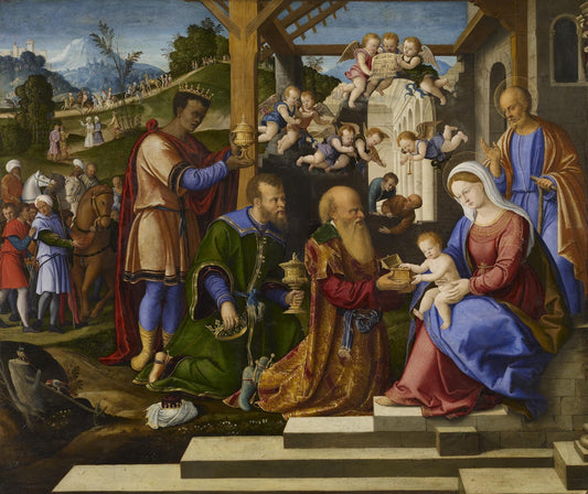 The Adoration of the Three Kings, vintage artwork by Girolamo da Santa Croce, A3 (16x12") Poster Print