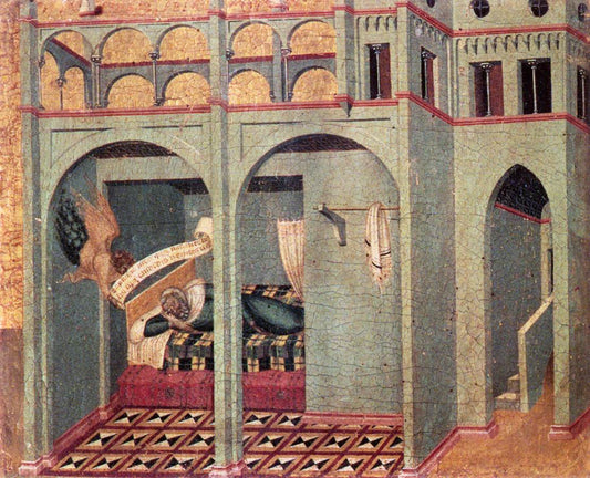 The Annunciation (predella panel), vintage artwork by Pietro Lorenzetti, 12x8" (A4) Poster