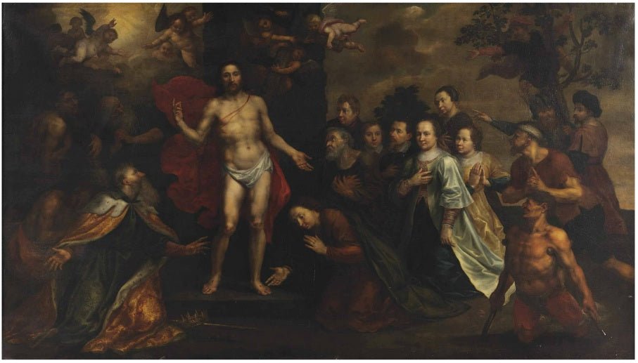 The Apparition of Christ with Saint Peter, James, John, Mary Magdalene, Johanna and Zacheus, vintage artwork by Maarten Pepyn, 12x8" (A4) Poster