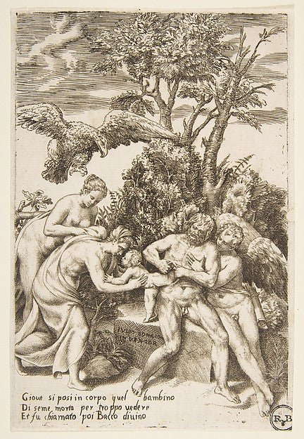 The birth of Bacchus  from 'The Loves of the Gods' c1531–76-Gi, vintage art, A3 (16x12") Poster Print